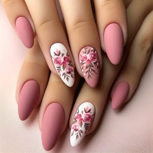Pink Floral Matte Nails