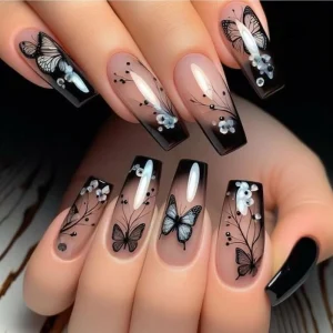 Nude to black gradient butterfly nail art
