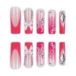 Pink Butterfly Diamond Long Nails