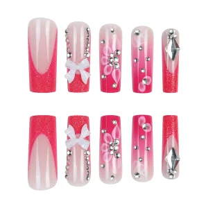 Pink Butterfly Diamond Long Nails