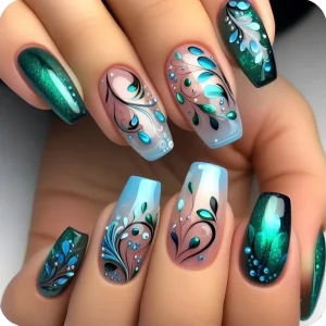 Green pink peacock flower nails