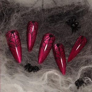 Halloween Red Cat Eye Spider Web Nails
