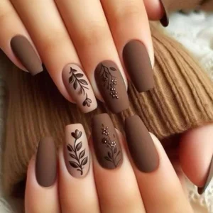 Matte textured premium Luxury coffee floral nails