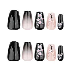 Black gradient white floral mirror nails